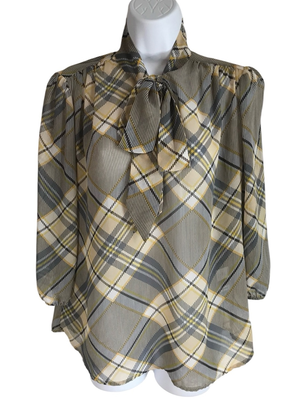 NY&Co Women’s S 7th Avenue Yellow Gray Plaid Semi-Sheer Pussybow Blouse in EUC